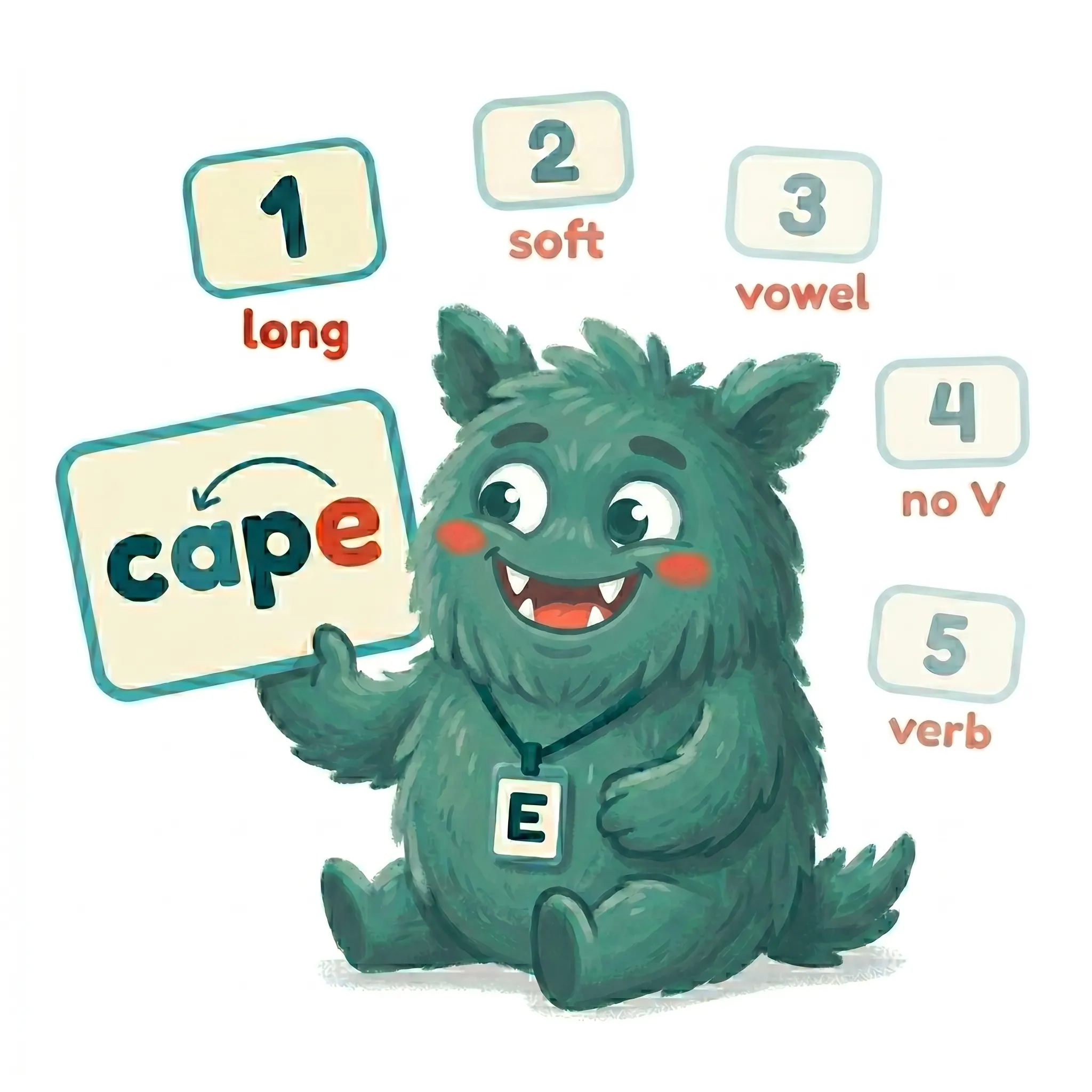 Crumbs, the ReadingCraft mascot, explaining the 5 jobs of silent E